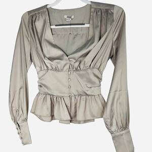 Jason Wu Satin Front Button Ruffle Peplum Hem Baby doll Blouse Top Cream XS